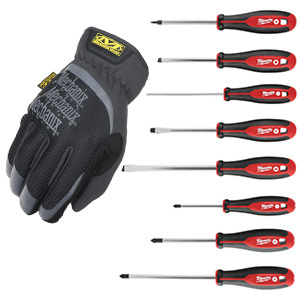 8Pc Screwdriver Kit W/ Square | MET48-22-2718 & Fastfit Mechanix Wear Gloves, Black | 54MMFF-05 8Pc Screwdriver Kit W/ Square | MET48-22-2718 & Fastfit Mechanix Wear Gloves, Black | 54MMFF-05